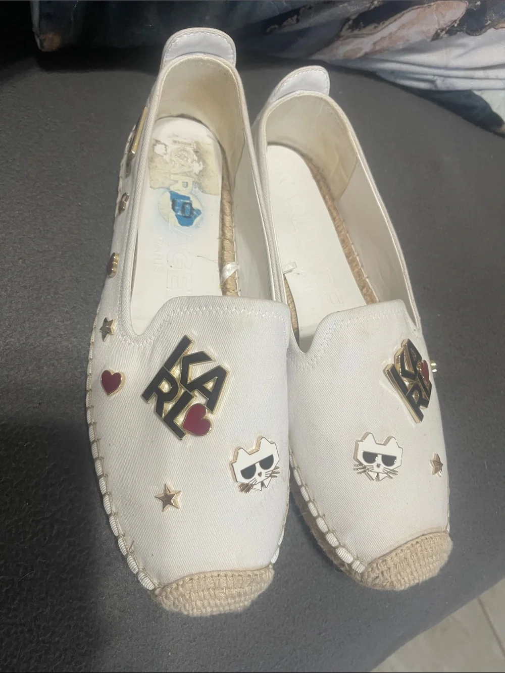 Karl Lagerfeld White Canvas Espadrilles with Gold Logo & Red Heart Accents